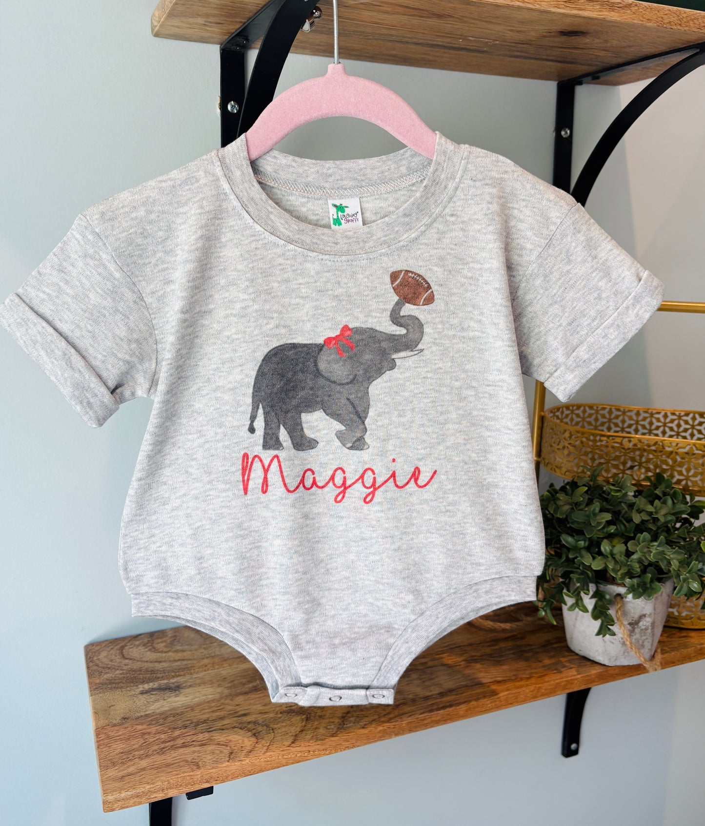 Girl Elephant with Football with Name on Grey