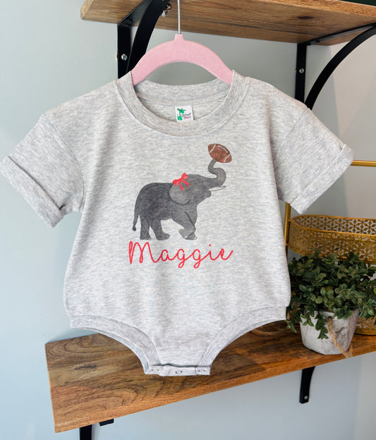 Girl Elephant with Football with Name on Grey
