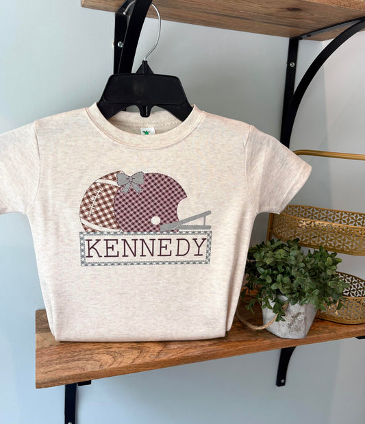 Girl Gingham Helmet with Grey Name Box on Oatmeal