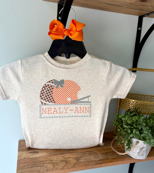 Girl Orange Gingham Helmet with Grey Name Box on Oatmeal