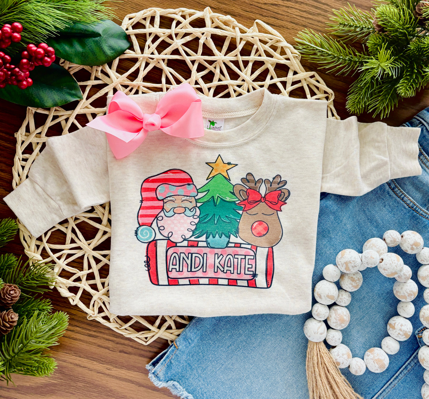 Girl Santa Trio with Name on Oatmeal