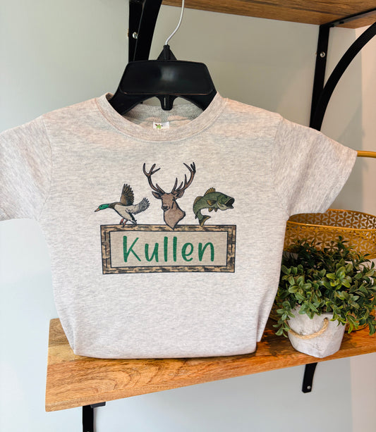Hunting, Mallard, Deer, Fish with Name Box on Grey