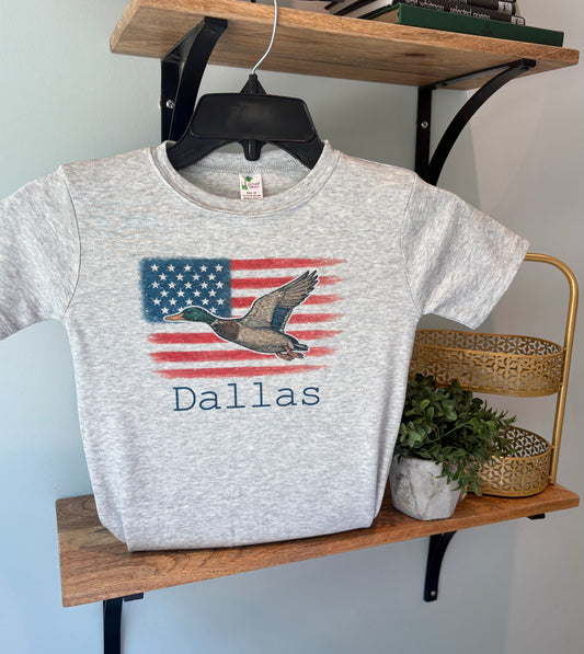 Mallard on USA Flag with or without Personalization on Grey