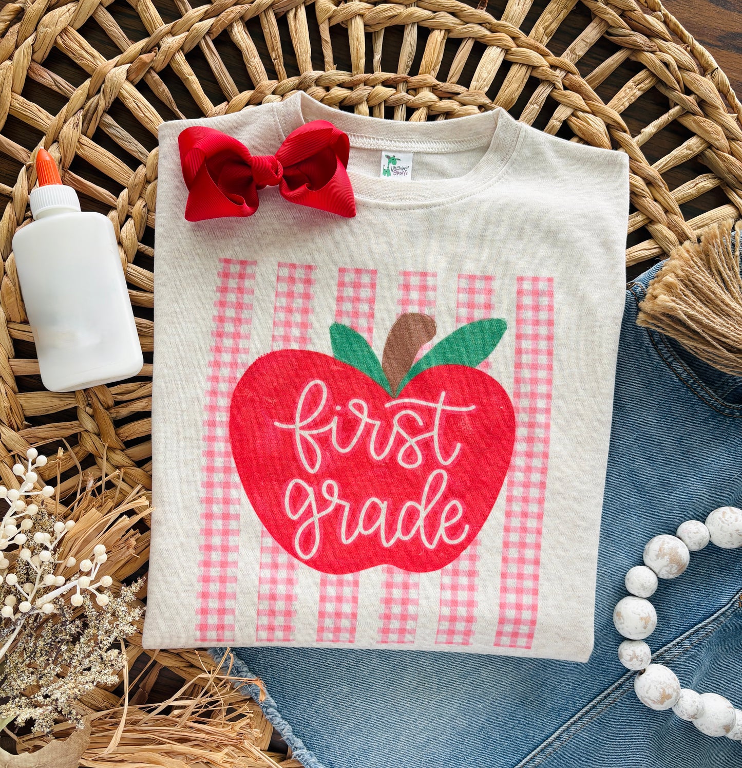Preppy Pink Gingham Stripe Apple with Custom Name or Grade