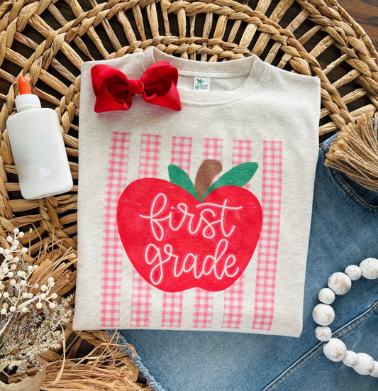 Preppy Pink Gingham Stripe Apple with Custom Name or Grade