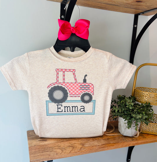 Pink Gingham Tractor with Name Box on Oatmeal