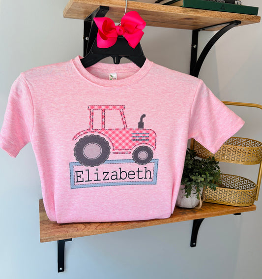 Pink Gingham Tractor with Name Box on Pink