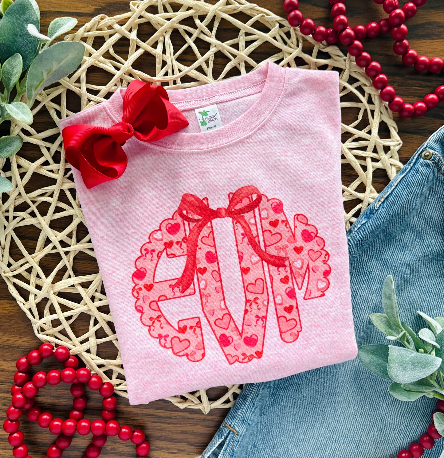 Pink Hearts Monogram with Bow on Pink