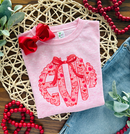 Pink Hearts Monogram with Bow on Pink