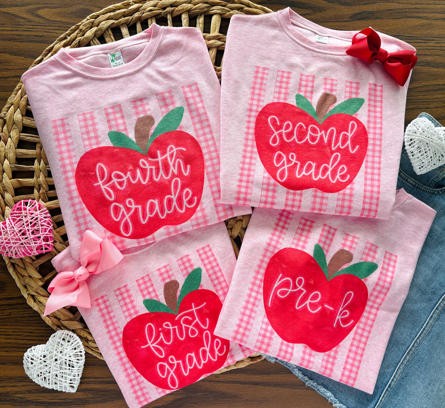 Pink Gingham Stripe Apple with Custom Name or Grade