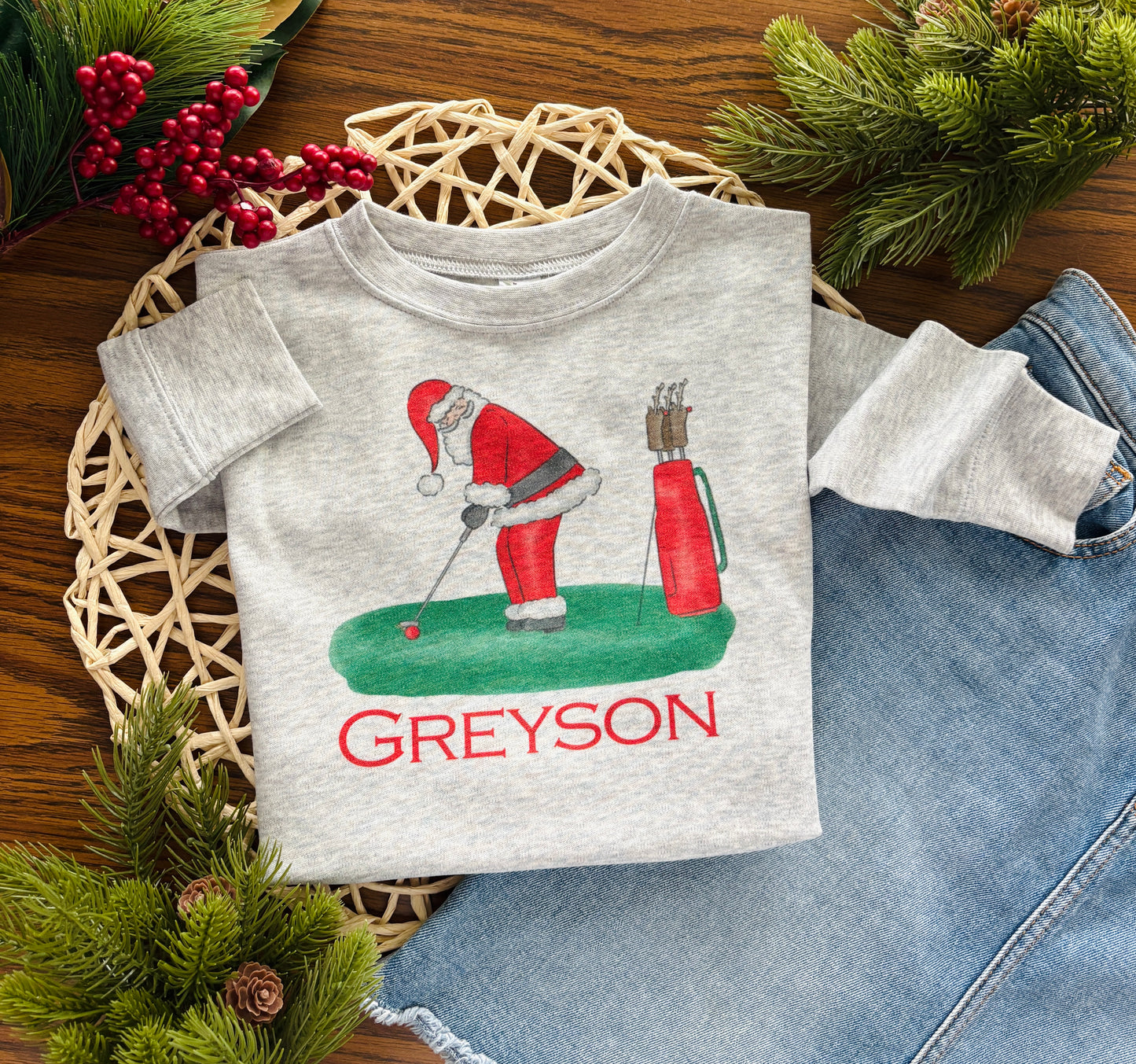 Santa Playing Golf with or without Name on Grey