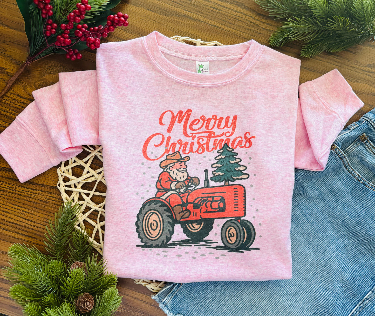 Santa on Tractor on Pink