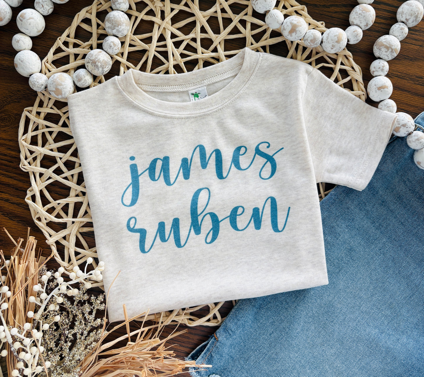 Script Name - Blue on Oatmeal