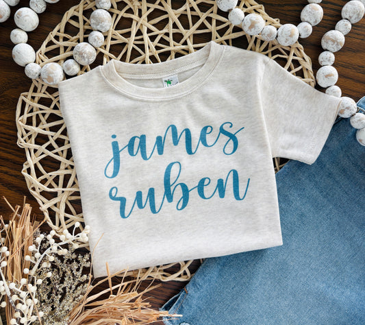 Script Name - Blue on Oatmeal