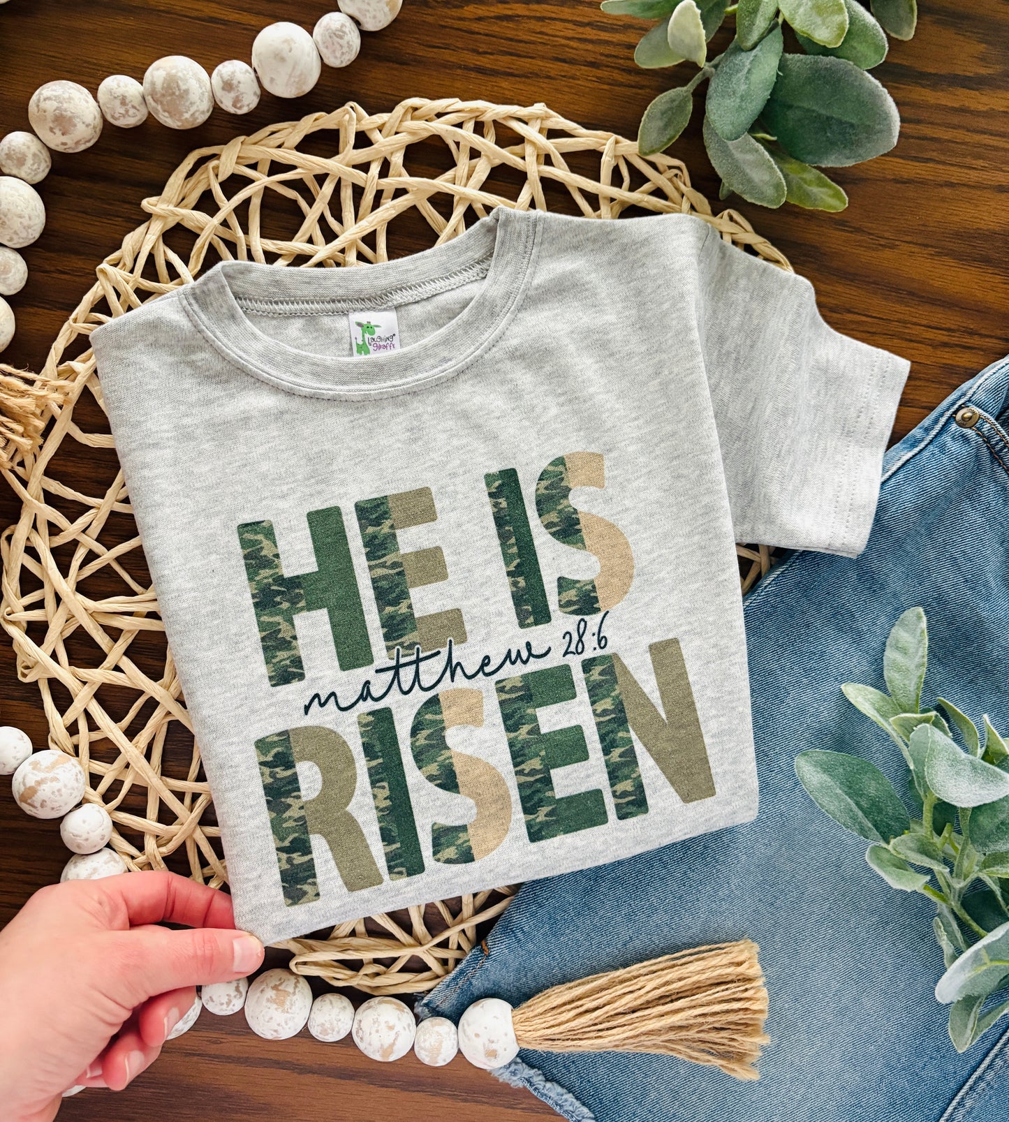 Camo He is Risen on Grey