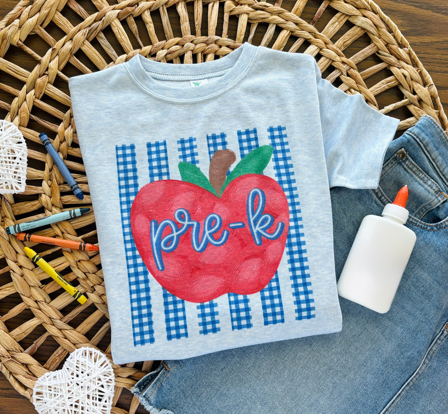 Blue Gingham Stripe Apple with Custom Name or Grade