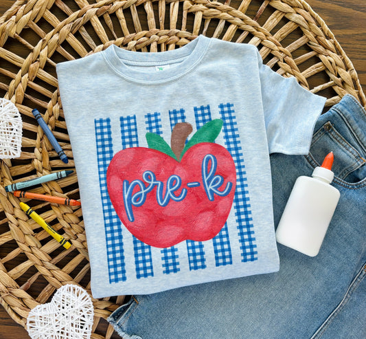 Blue Gingham Stripe Apple with Custom Name or Grade
