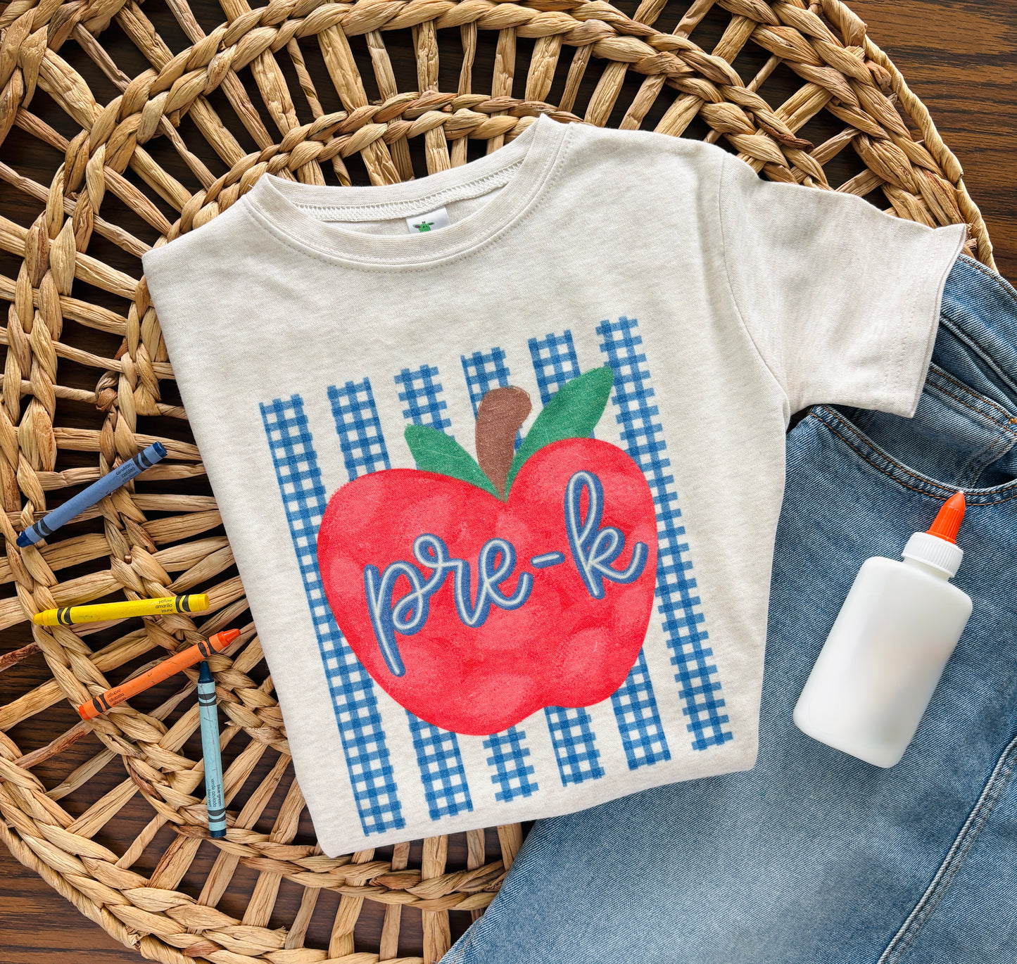 Blue Gingham Stripe Apple with Custom Name or Grade