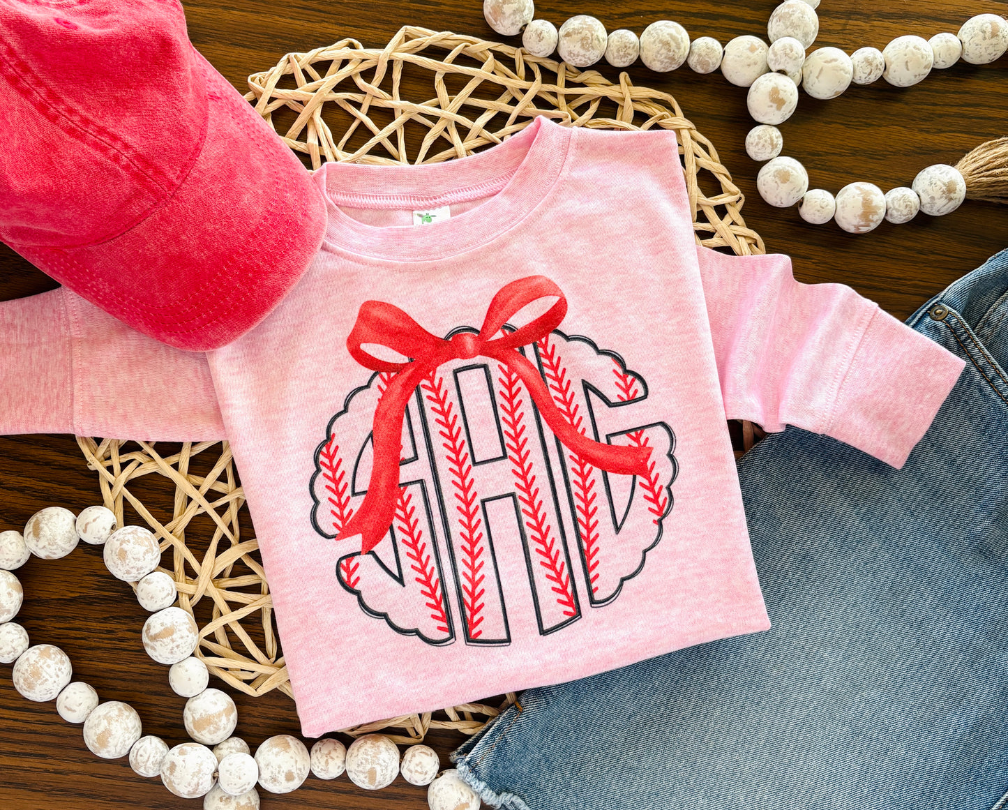 Pink Baseball Monogram with Bow on Pink
